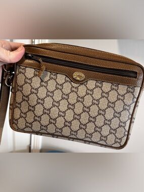 Vintage Gucci Brown GG Monogram Pochette with Charm and COA